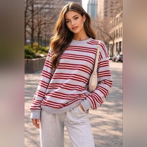 Aritzia TNA Red Gray Striped Sweater Oversized Crewneck Long Sleeve Streetwear